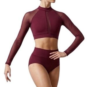 CM Baltogs Burgundy Mesh Long Sleeve Crop Top and High Waist Briefs Set